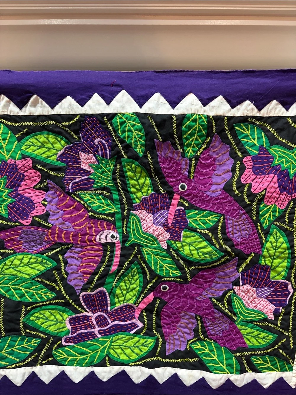 Mola fabric art San Blas Panama Kuna 3 Hummingbirds hand made 26x21”